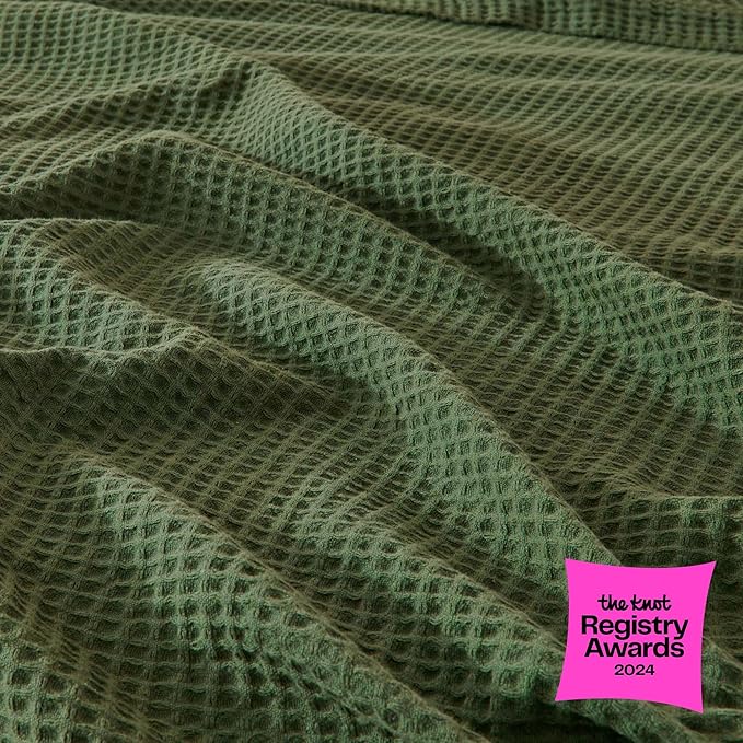100% Cotton Green Blanket King Size for Bed - Breathable and Soft, Waffle Weave for Summer Spring, 102x90 Inches (Forest Green).