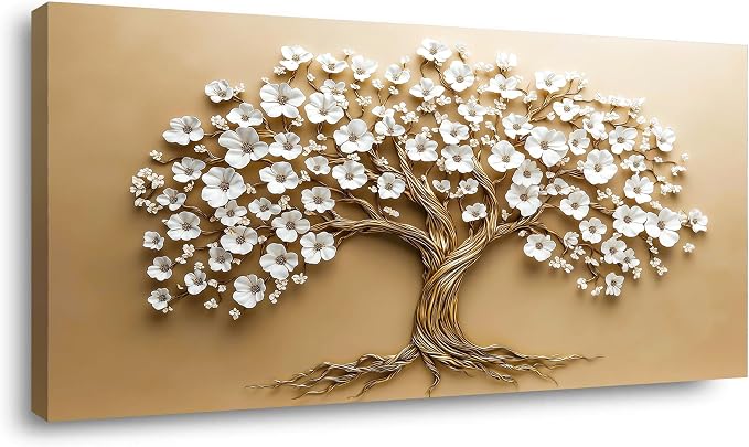 Ggaafet White FLower Tree Wall Art for Living Room Canvas Oil Painting Prints Beautiful Floral Blooming Art Deco Modern Artwork Office Bedroom Family Dining Room Decor Extra Large