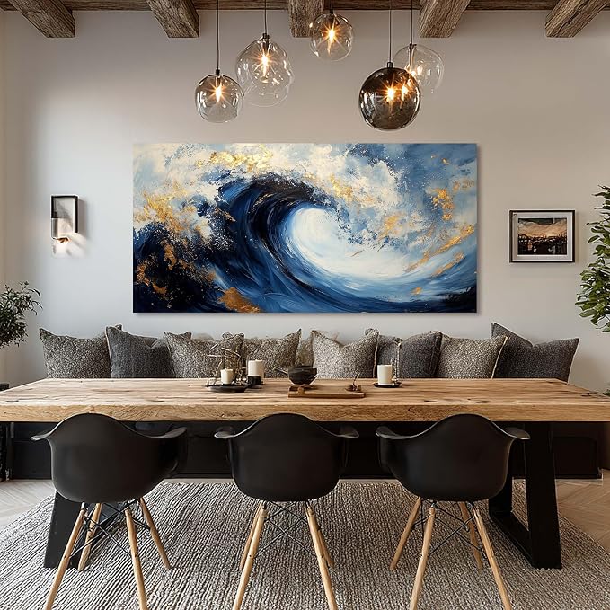 Ggaafet Navy Blue Waves Wall Art for Living Room Canvas Painting Prints Beautiful Ocean Sea Gold Art Deco Modern Artwork Office Bedroom Family Room Decor Extra Large