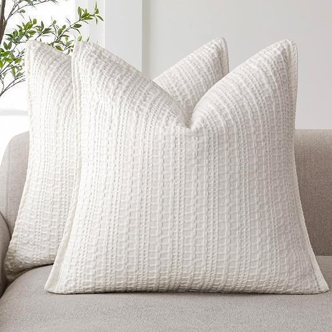 Foindtower Set of 2 Decorative Cotton Waffle Weave Throw Pillow Covers Euro Shams Cushion Covers Accent European Pillowcase for Bed Couch Sofa Bedroom Living Room Home Decor 22×22 Inch Cream White
