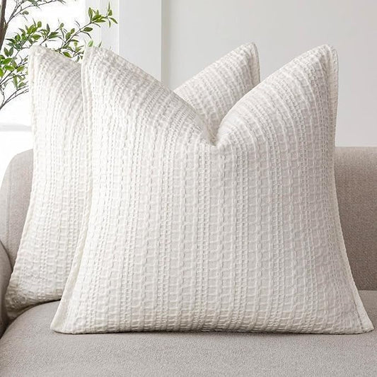 Foindtower Set of 2 Decorative Cotton Waffle Weave Throw Pillow Covers Euro Shams Cushion Covers Accent European Pillowcase for Bed Couch Sofa Bedroom Living Room Home Decor 18×18 Inch Cream White