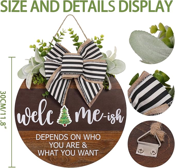 Interchangeable Seasonal Welcome Sign for Front Door, Rustic Round Wood Wreath for Front Door Hanging Decorations, for Spring Summer Fall Halloween Christmas Farmhouse Outdoor Home Wall Decor (12Inch)