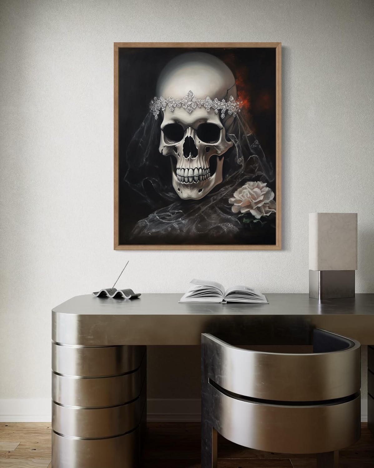 Skull Bride Poster Art Print, Halloween Scary Vintage Wall Art Academia Spooky Painting Decoration for Horror Prints, Gothic Posters Bedroom Decor 89 (Skull Bride, 16 x 20 inches, Wood Frame)