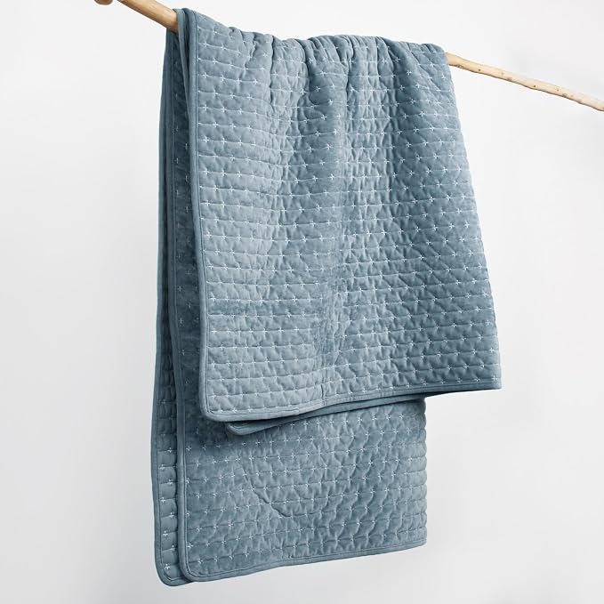 Levtex Home - Velvet Stitch - Throw - Cross Stitch Velvet - Chambray with White - Quilt (50x60in.) and Sham 50x60in. - Polyester