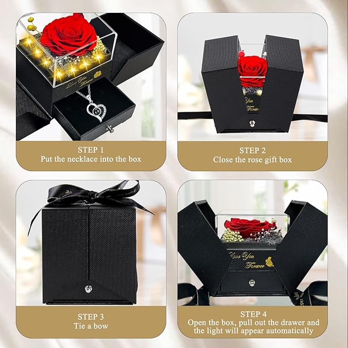 Preserved Real Rose with Heart Necklace for Her, I Love You Necklace 100 Languages Projection, for Mom Wife Girlfriend, Birthday Valentines Romantic Gifts for Women