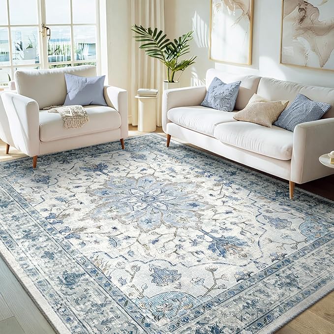 RELEANY Area Rugs 5'x7' Washable Non-Slip, Floral Vintage Distress Print Pattern Medallion Carpet for Living Room Bedroom Dining Room, Light Blue Navy Beige Gray White