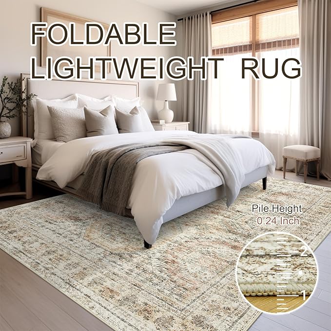 Soalmost Washable Area Rug 8x10, Large Soft Rugs for Living Room Vintage 8x10 Area Rugs for Bedroom Dining Room Non-Slip Stain Resistant Under Table Brown Pink Rug