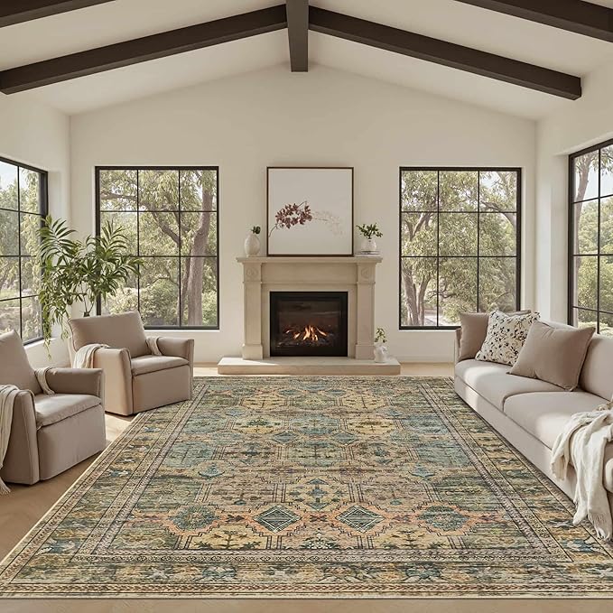 Rugxara 8x10 Area Rugs for Living Room Bedroom, Large Washable Rug, Brown Vintage Retro Boho Rug, Non Slip & Low Pile Faux Wool Thin Carpet for Indoor Dining Room and Kids Room(Brown 8x10ft)