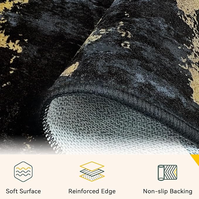 RELEANY Washable Area Rugs 3x8 Non-Slip Modern Abstract Soft for Living Room Entryway Bedroom Nursery, Print Pattern, Dark Black Gold