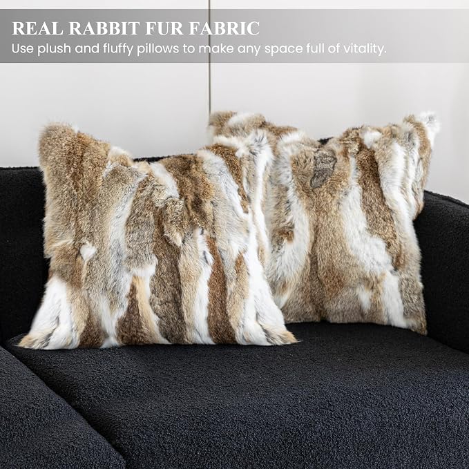 MOOX Rabbit Fur Pillow Covers Set of 2 Fur Throw Lumbar Decorative Pillow Fuzzy Soft Fluffy Genuine Animal Skin 18"x18" Sofa Couch Bed Cover, Couch-Yellow White