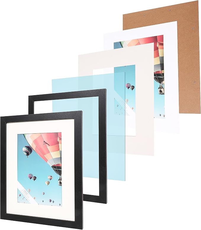 The Display Guys - Black Wooden Minimalist Picture Frames Set - Tempered Glass - 12x16 matted to 8x12 - Wall Hanging - 4-Pack