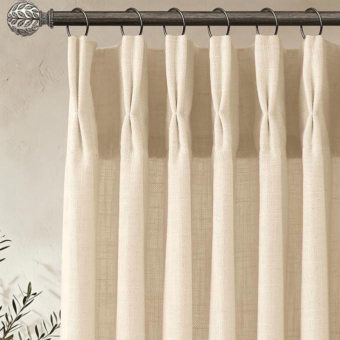 Pinch Pleated Linen Curtains 84 Inch, 2 Panels Premium 400GSM Memory Trained Semi Sheer Light Filtering Window Drapes for Living Room Bedroom Dining, Back Tab & Adjustable Hooks Rings, Light Oatmeal