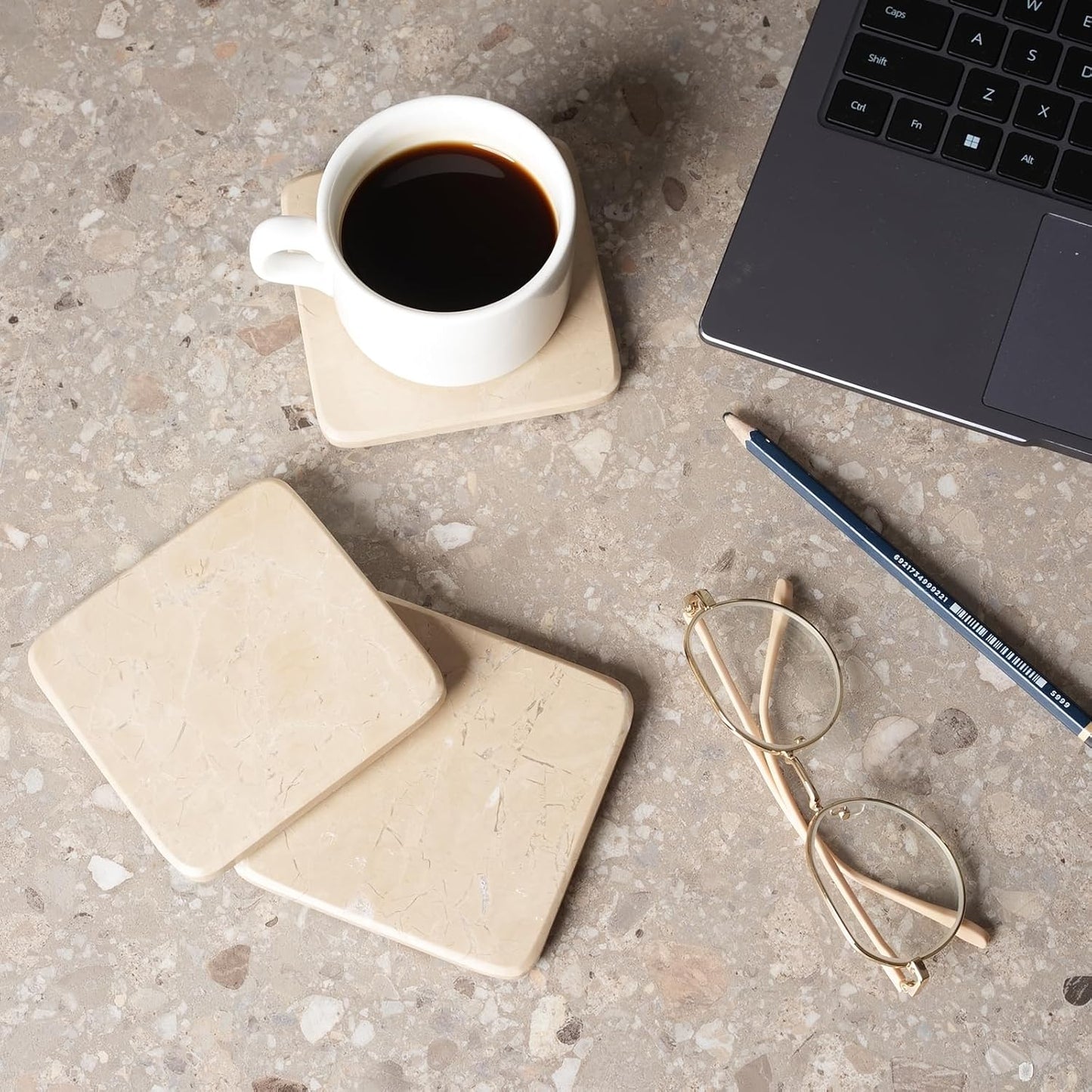 BCS Marble Coasters Set of 5 with Holder, Square Stone Drink Coasters for Coffee, Wine and Cocktails, Non-Slip Durable Cup Mats, Elegant Home, Bar & Kitchen Table Decor (Crema Beige)