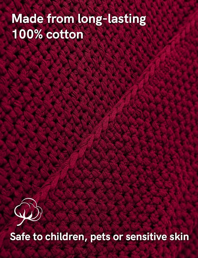 YnM Chunky Cotton Knit Throw Blanket, Cable Knit Throws for Bed Couch Sofa, Comfy & Relaxing, Decorative Piece for Farmhouse Modern Boho Rustic Scandinavian Chic Vibe, Red 50x60 Inches