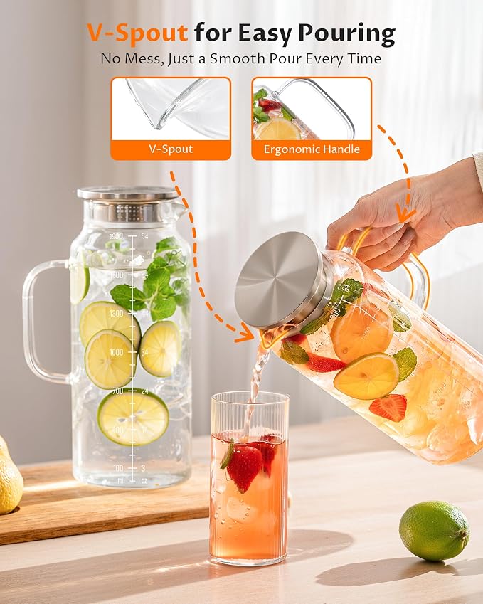 2-Pack 68oz Glass Pitcher with Lid and Handle – Borosilicate Glass Carafe for Hot/Cold Drinks, 2 Liters High-Temperature Resistant Water Pitcher Perfect for Iced Tea, Coffee, Milk, and Fridge Storage