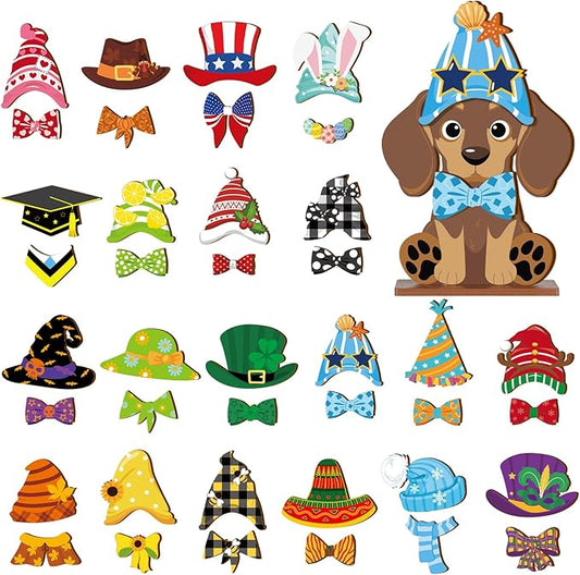 42 Pcs Small Interchangeable Dog Sign Holiday Summer Decor Seasonal Table Centerpiece Farmhouse Rustic Magnetic Desk Accessories Wooden Home Office Room Welcome Tiered Tray Decoration Gifts