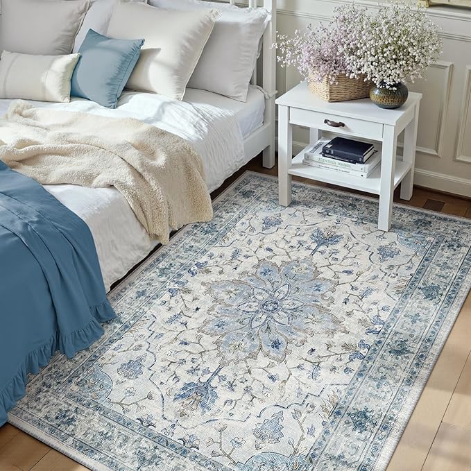 RELEANY Area Rugs 3'x4' Washable Non-Slip, Floral Vintage Distress Print Pattern Medallion Carpet for Living Room Bedroom Dining Room, Light Blue Navy Beige Gray White