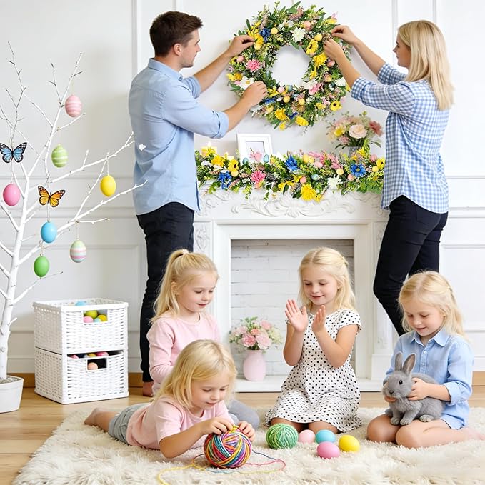 6ft Easter Garland - Spring Garland with Egg and Mixed Berry,Hanging Rustic Pastel Wreaths DIY Artificial Decorations Garland for Home Table Indoor Outdoor Easter Mantel Decorations