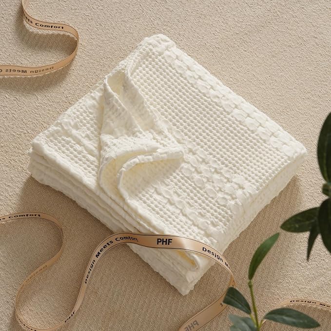 PHF 100% Cotton Waffle Throw Blanket for Couch, Lightweight Breathable and Soft for Summer, Luxury Aesthetic Waffle Weave Blanket for Home Decor & Office, Gifts for Women, 50"x60", Ivory