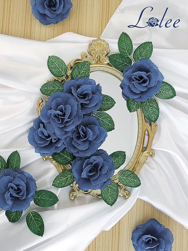 LELEE 108 Pcs Artificial Flowers Fake Silk Roses Long Stem Rose Bouquet Wedding Party Home Decor for DIY Baby Shower Centerpieces Tables Home Decorations(Navy Blue)