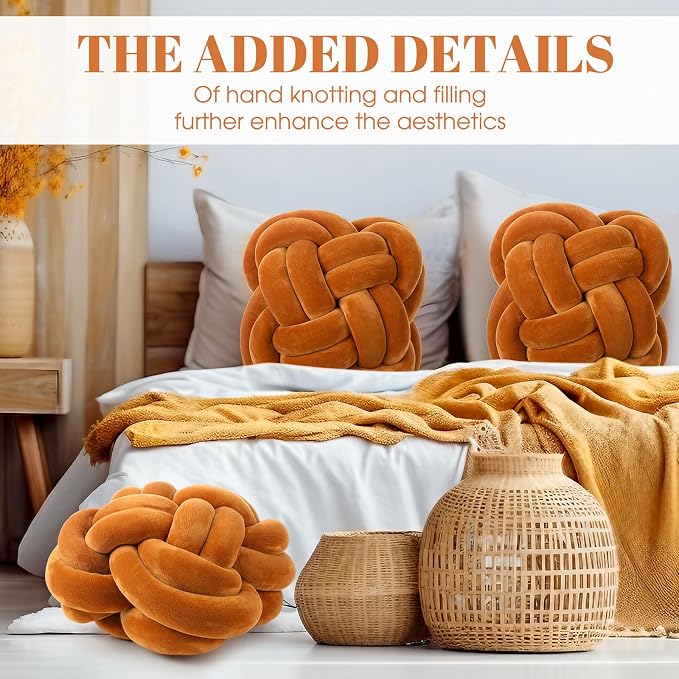 Beeveer 2 Pcs Knot Pillow Balls Set, 12 Inch Soft Decorative Throw Knot Pillow Ball, Large Square Knotted Floor Cushion for Living Room Bedroom Sofa Couch Bed Home Decoration(Caramel Brown)