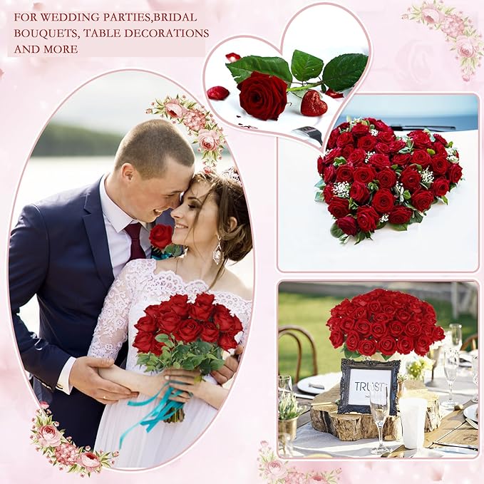 Hananona 100 Pcs Artificial Roses in Bulk, Fake Silk Roses Realistic Roses for Wedding Centerpieces Flower Arrangement Home Decor (100, Red)