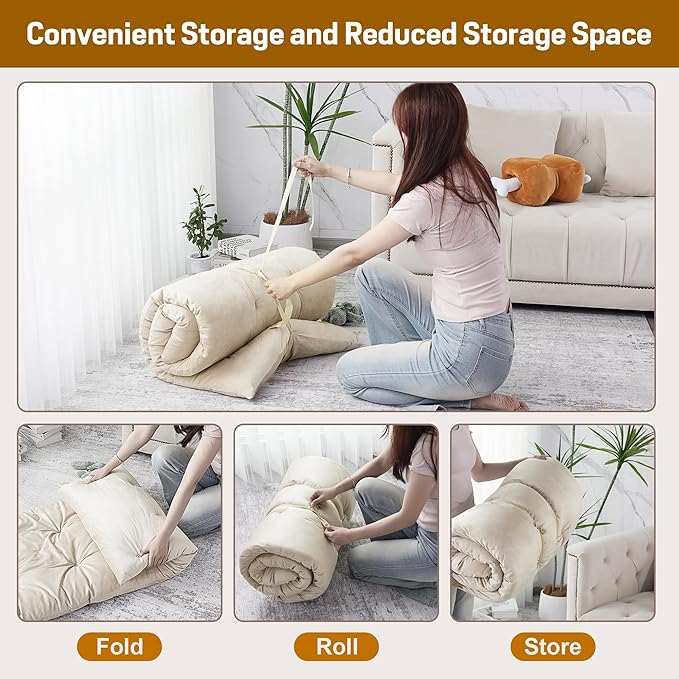 BALAPET Floor Lounger Pillow,Foldable Light Thick Tufted Floor Pillow Cushion with Elasticized Webbing for Easy Storage Floor Lounger for Meditation, Playing, Yoga, Reading, Sleeping(Beige White)