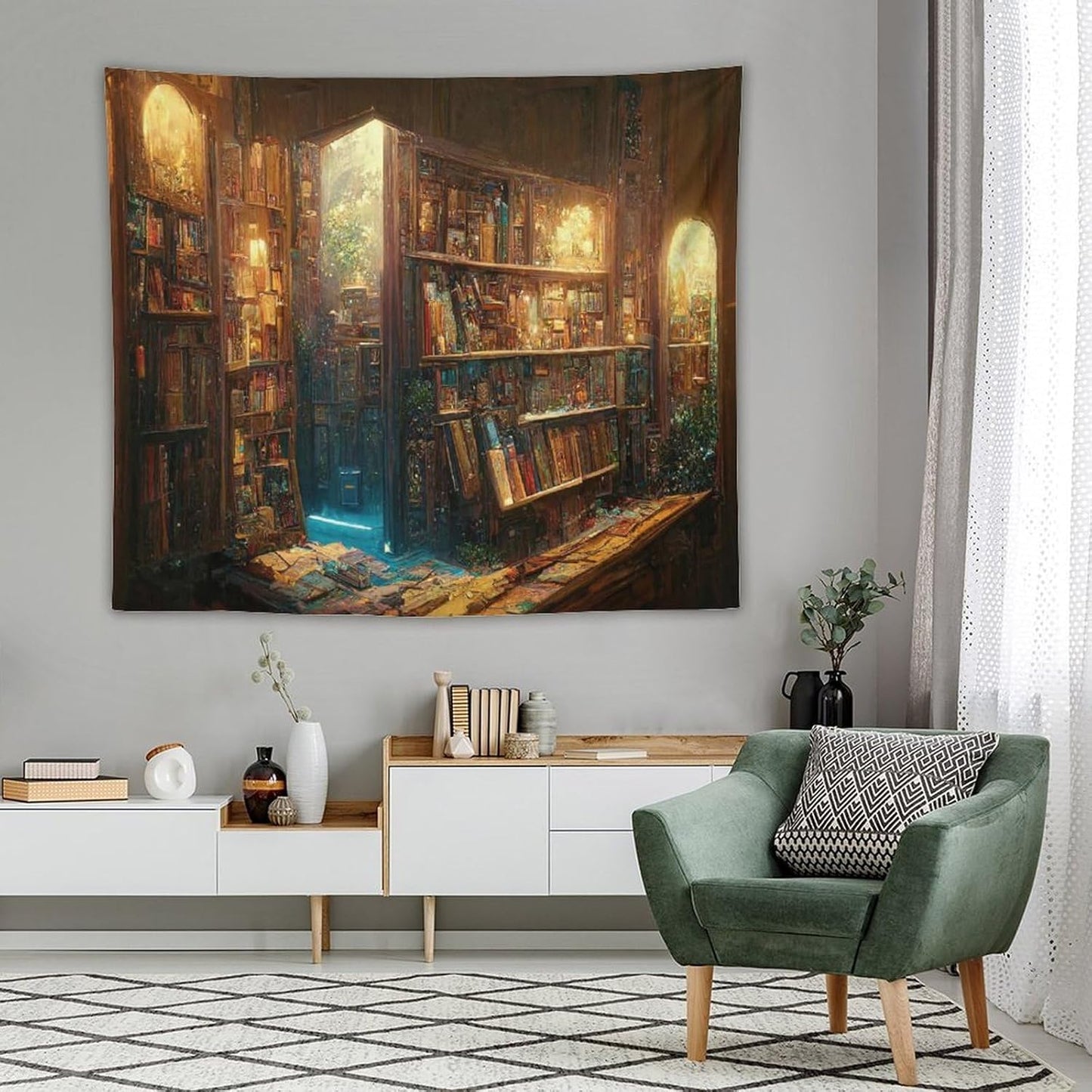 Kurtect Bookshelf Tapestry,Vintage Style Library Watercolor Art Theme Pattern Print Tapestries for Party Beach Picnic Blankets Tablecloths Living Room Wall Deocr, 50x60 in