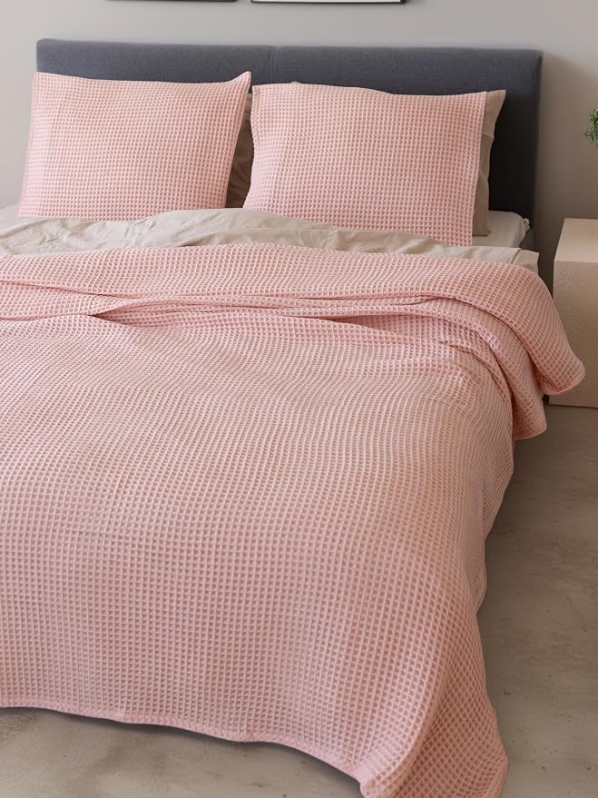 Premium Waffle Throw Blanket Queen XL Size Pink - Premium Quality, 100% Turkish Cotton, Light & Airy Waffle All-Season Quilt - Decorative Bedspread (Pink Powder, Queen XL 95" x 102" Inch)