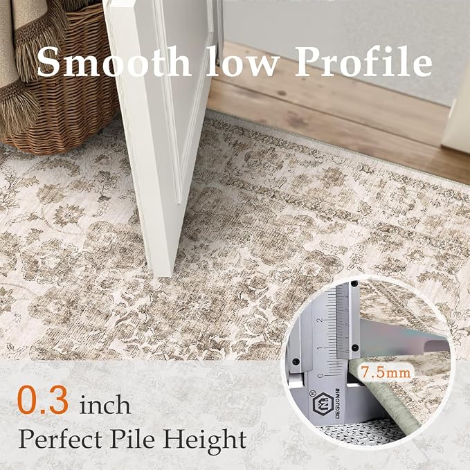 10x12 Neutral Area Rug Brown Vintage Living Room Bedroom Washable Carpet Non-Slip Soft Low Pile Farmhouse Indoor Large Throw Rug for Dining Room Office