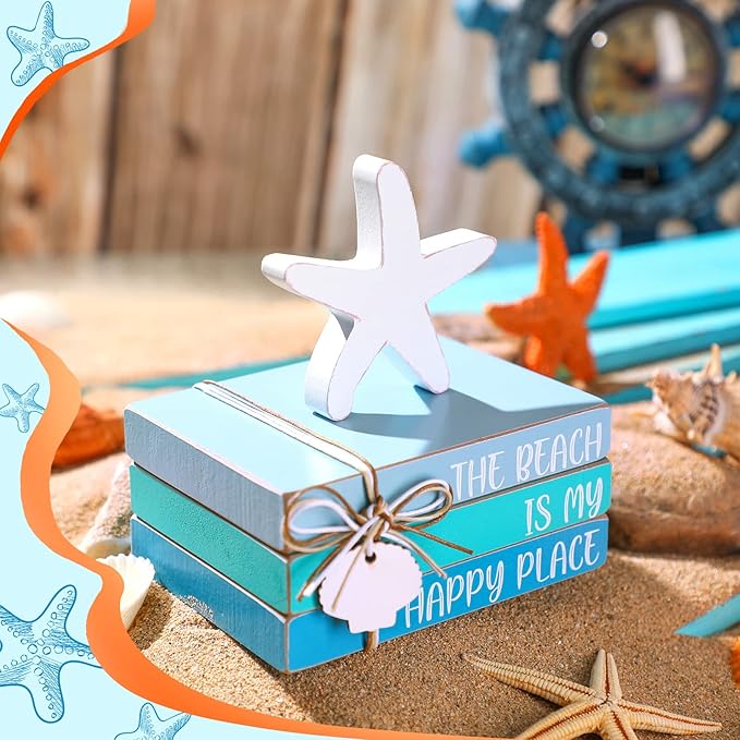 Pinkunn 4 Pcs Beach Themed Room Decor, Blue Starfish Seashell Coastal Block Wooden Block Beachy Centerpiece Decorative Signs & Plaques for Summer Home Office Desk Shelf Home