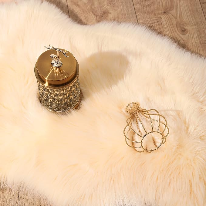Faux Fur Sheepskin Runner Rug Beige 2x6 ft Ultra Soft Shaggy Plush Fluffy Fuzzy Area Carpet Decorative Chair Cover Floor Mat for Bedroom Sofa Living Room Bedside