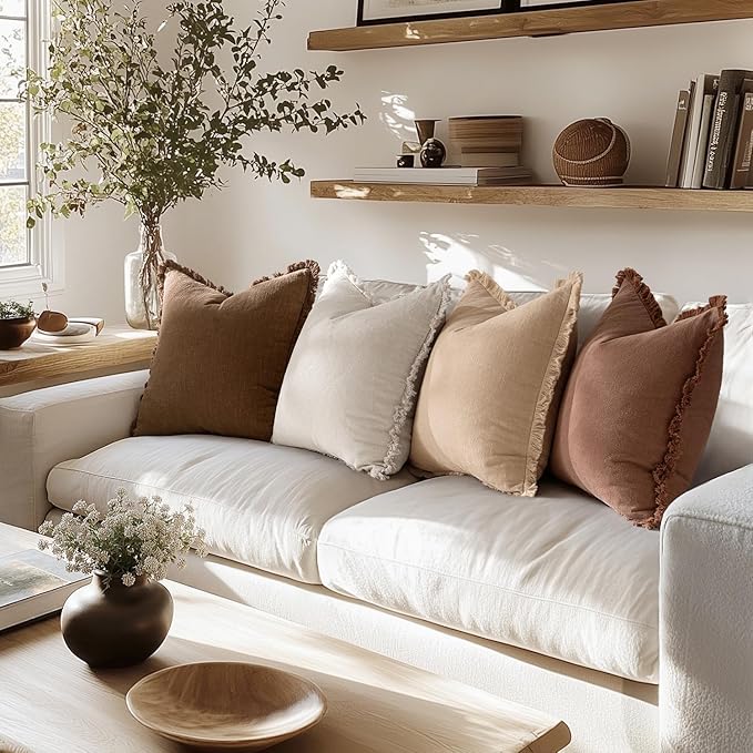 MIULEE Decorative Couch Pillow Covers Neutral Linen Fringe Throw Pillows Set of 4 Accent Rustic Cushions Boho Farmhouse Pillowcases for Bed Sofa Living Room Spring Home Decor 22x22 Inch Beige/Brown