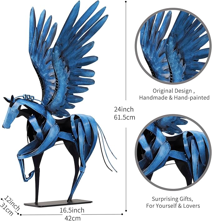 SunBlogs Art Horse Statue Décor Artwork, 24" H Handmade Metal Pegasus Greek Flying Horse Sculpture, Hand-Painted Animal Figurines for Home Living Room Office (Vintage Blue with Wings)