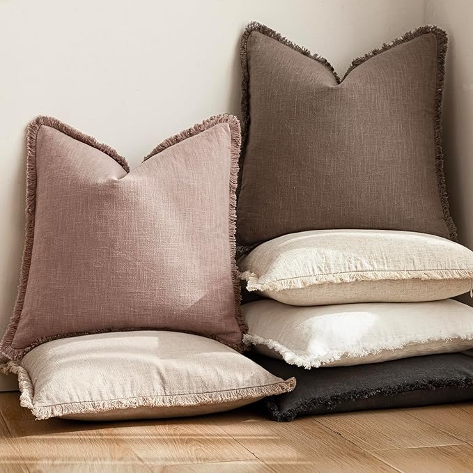 Foindtower Set of 2 Decorative Linen Fringe Lumbar Throw Pillow Covers Farmhouse Cushion Cover with Tassels Soft Accent Pillowcase for Couch Sofa Bed Living Room Home Decor,12×20 Inch,Dusty Pink