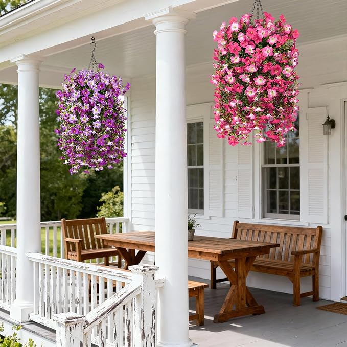 Artificial Fake Flowers Plants for Outdoor Spring Summer Decoration,2 PCS Faux Silk Morning Glory with Eucalyptus Leaves,UV Resistant Realistic Outdoor Flowers for Balcony Porch Patio Yard Garden
