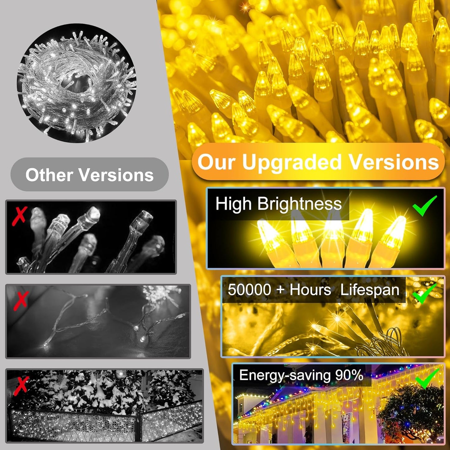 504LED 50ft Christmas Lights, 112Drops 12 Modes Warm White Christmas String Lights Outdoor Dimmable, Waterproof Christmas Decoration Fairy Lights with Timer for Indoor Eaves Party Patio Window Fence