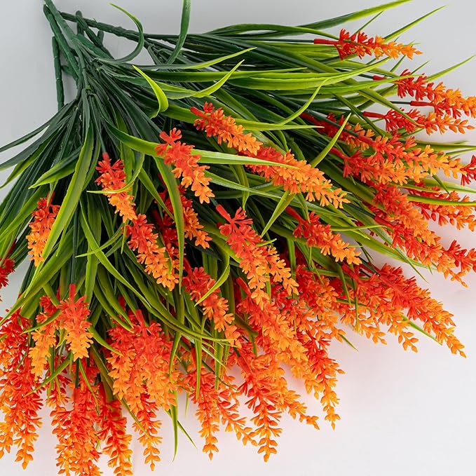 Nigirior Artificial Flowers for Outdoor Plants 24 Bundles Fake Lavender Plastic Faux Monkey Grass for Verandah Window Garden Office Patio Front Porch UV Resistant for Planter(Orange)