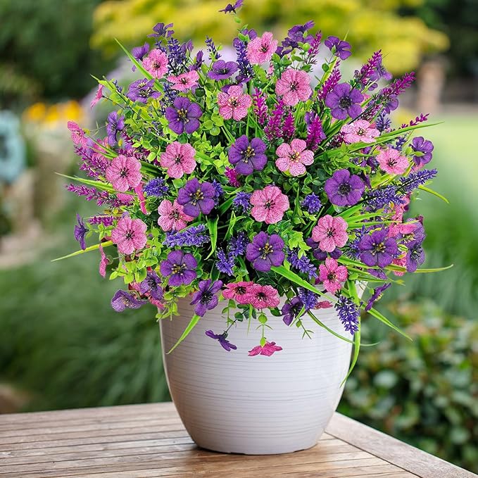 12 Bundles Artificial Flowers Outdoor Silk Fake Plants UV Resistant Faux Plastic Greenery Shrubs for Home Outside Garden Front Porch Window Box Pot Planters Decor (Double Purple)