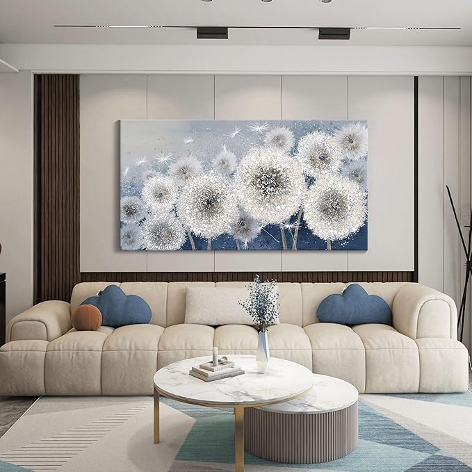 Pogusmavi Dandelion Wall Art for Living Room - Large Artwork for Wall, Blue Canvas Pictures Wall Decor, Modern Prints for Bedroom Wall Art 29×58IN