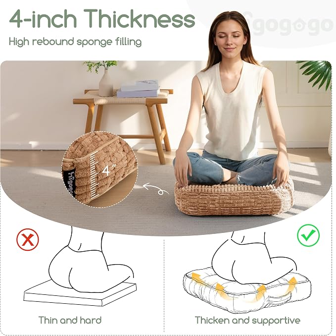 HIGOGOGO Floor Pillow Cushion for Adults, Meditation Cushion Pillow, Blended Corduroy Cover, Large Square Floor Sitting for Tatami Living Room or Yoga, 22x22 Inch, Coffee