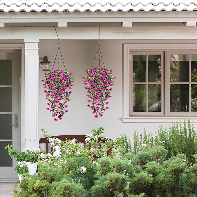 4 Pcs Fake Outdoor Artificial Flowers For Outdoors Uv Resistant, Plastic Flowers For Outdoors, Fake Hanging Plants Faux Flowers For Outdoor Planters, Silk Spring Flowers For Outside Porch（Purple ）