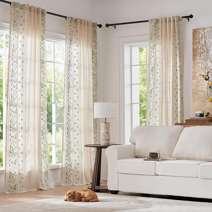 jinchan Winslow Linen Curtains for Bedroom 108 Inches Length Embroidered Bordered Floral Curtains for Living Room Farmhouse Decor Light Filtering Window Treatments Sage on Beige Drapes 2 Panels