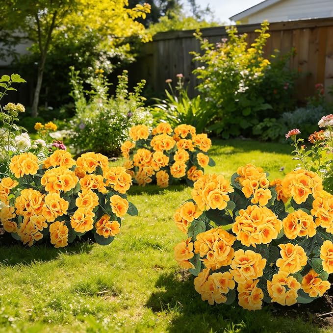 Ouddy Decor Artificial Geranium Flowers for Outdoors, Fake Silk Flowers UV Resistant Faux Geraniums for Vase Planter Garden Patio Balcony Porch Indoor Outdoor Spring Summer Home Decor, 24 Pcs Yellow