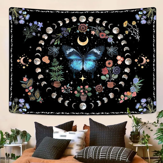 Fowocu Blue Butterfly Moon Flower Tapestry Boho Floral Plant Tapestries for Bedroom Aesthetic Nature Tapastry's Wall Hanging Mandala Botanical Wall Tapestry for Living Room Dorm (Blue, 48'' × 36'')
