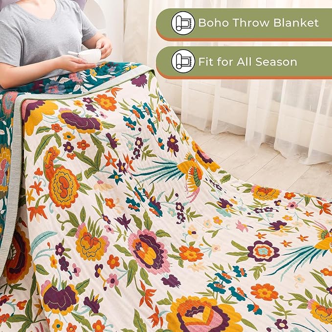 Boho Throw Blanket for Home Decor,Ultra Soft Throw Rustic Classic Quilt,100% Cotton Muslin Blankets for Adults, Reversible Woven Decorative Blanket for Bed Layering Use,Bid & Floral, 50"x60"