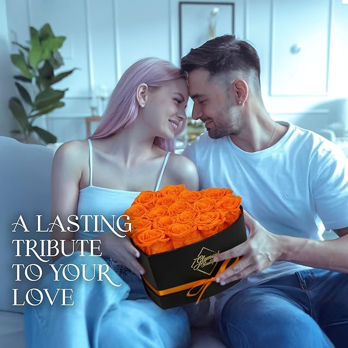 GLAMOUR BOUTIQUE 16 Flower Forever Heart Shape Box, Eternal Preserved Roses Gift for Her, Lasting Flowers, Romantic Floral Keepsake for Birthday, Anniversary or Valentine’s Day, Orange (Color-Treated)