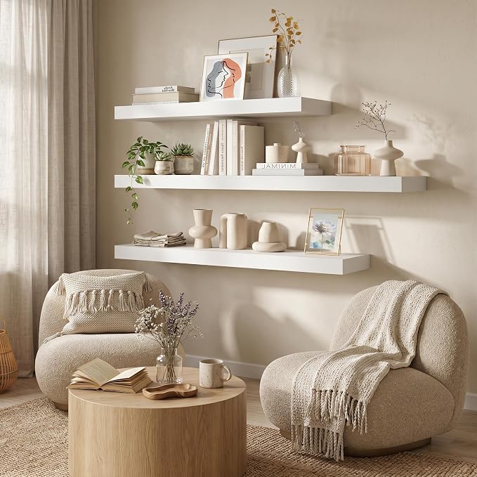 FLYJOE 32 Inch Floating Shelves, 12 Inch Deep Floating Shelves Set of 2, 32''W x 12''D White Wood Shelves for Wall, Bathroom Available, Engineered Wood, Mounting Hardware Included