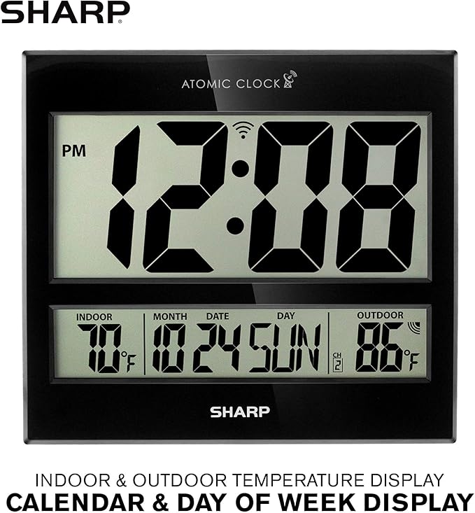 Sharp Atomic Clock – Never Needs Setting, Jumbo 3” Easy-Read Display, Indoor & Outdoor Temperature with Wireless Sensor, Large Digital Wall or Desk Clock, Battery Operated, Auto Atomic Time Sync