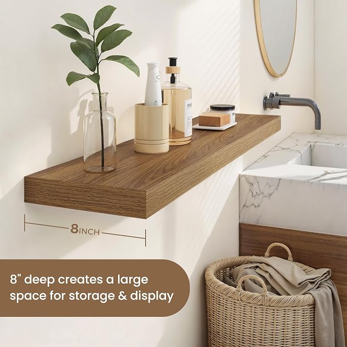 Dreamland 8" Deep Long Floating Shelves, 32 Inches Floating Shelves for Wall Set of 2, Large Display & Storage Shelf, Wall Shelf for Bathroom Bedroom Living Room Kitchen Office, Walnut